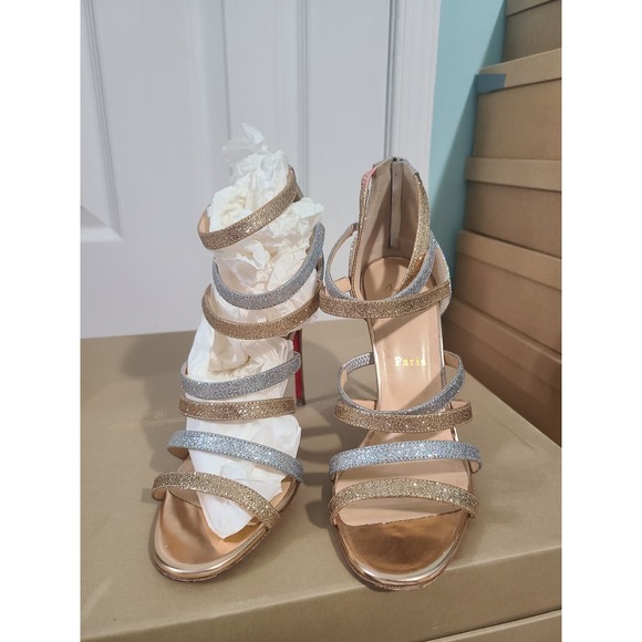 Christian Louboutin Mariniere Gold Silver Glitter Embellished Heel Strappy 40 10 - Picture 2 of 4